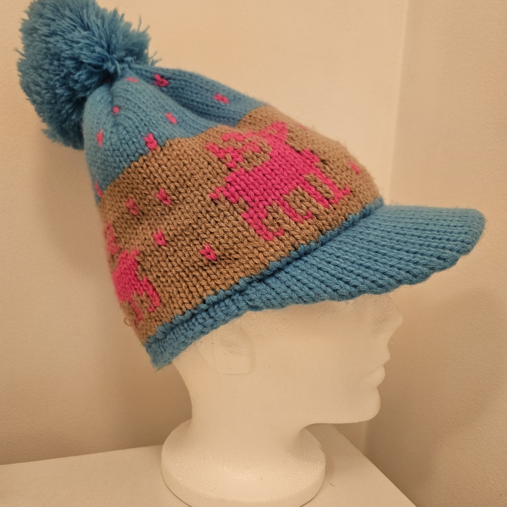 Kids Blue and Tan Knit Hat with Pink Accents